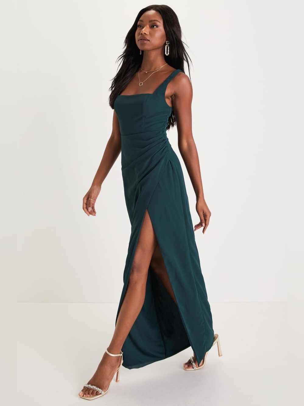 Lulus Glamorous Disposition Emerald Green Ruched Maxi Dress - Picture 4 of 8